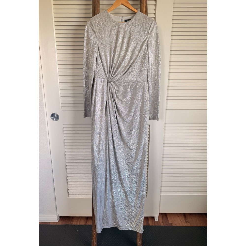 St.‎ John Maxi Dress 6 Silver Metallic Long Sleeve Gathered Knot Gown